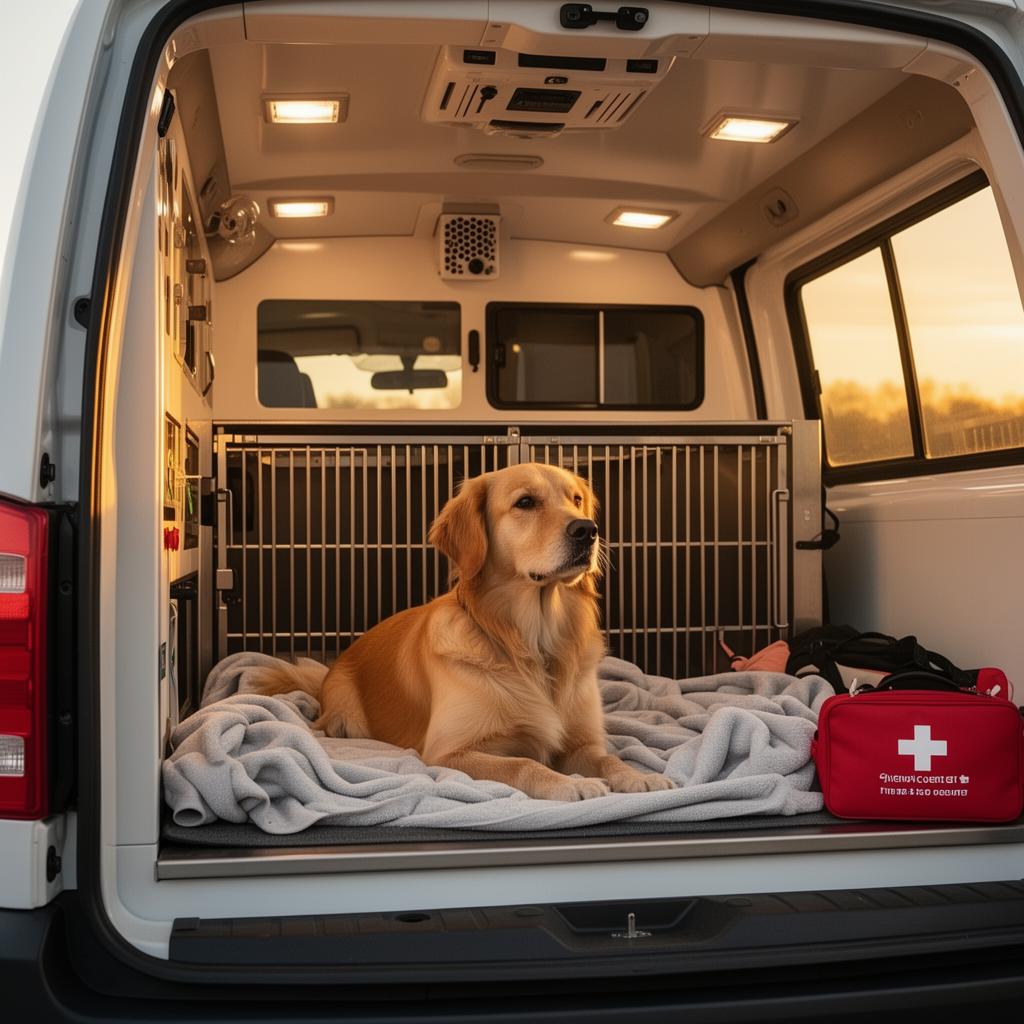 A calm dog resting in the climate-controlled J&R pet bay during transport