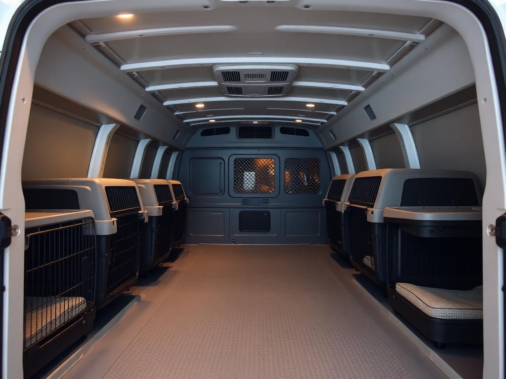Air-conditioned pet bay with secure travel cages and bedding